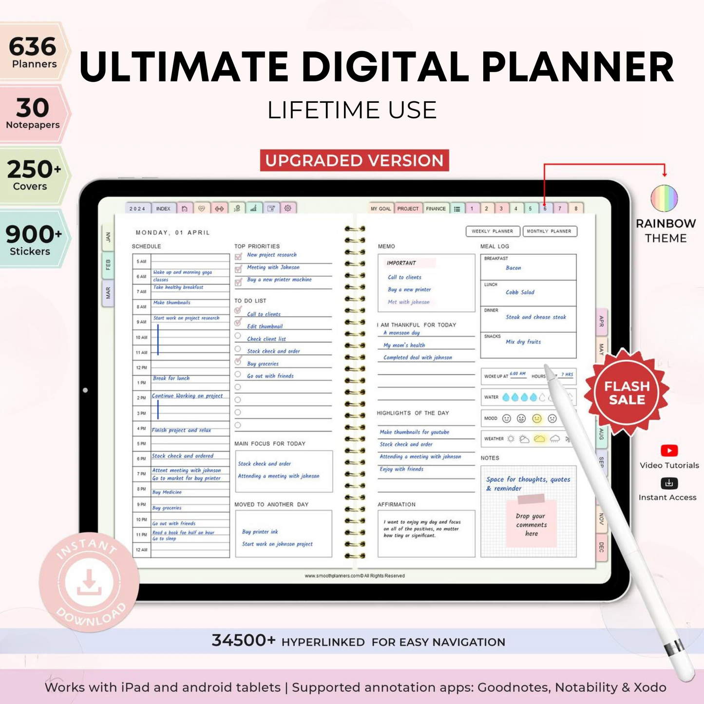 Undated Digital Life Planner | Lifetime Use | Hyperlinked | Freebies included